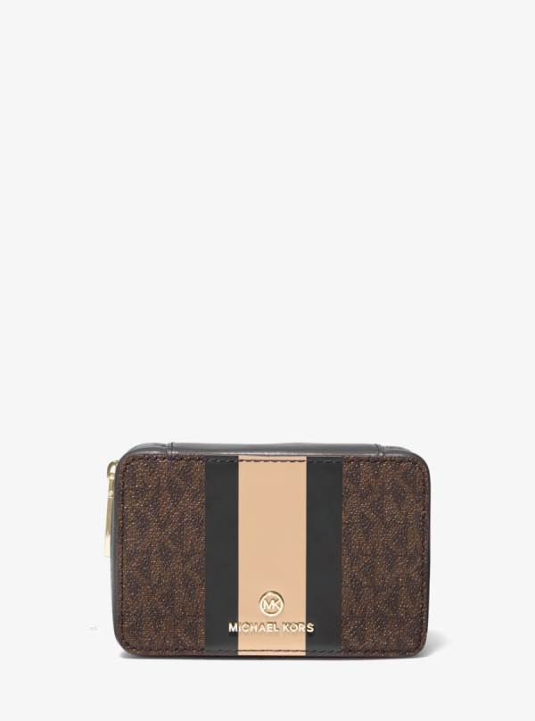 Damske Cestovné Tašky Michael Kors Small Logo Stripe Jewelry Case Hnede Čierne - Kabelky Michael Kors Outlet | NHBCU-8975